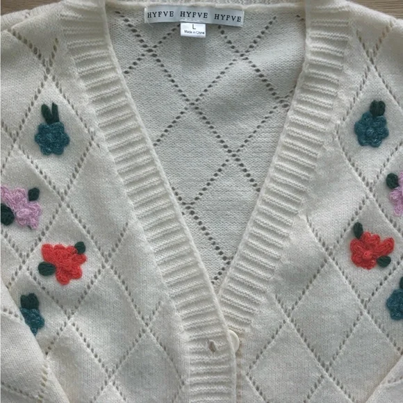 Ivory Diamond-Knit Cardigan with Floral Embroidery Cottagecore Cardigan - Picture 4 of 9